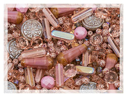 2.1oz (60 g) Mix of Unique Czech Bohemia Glass Pressed Beads, Dirty Pink Antique, Table Cut, Matte and Glossy, Faceted Fire Polish, Hand Made Set Kit BCV (2.1164 Ounce)