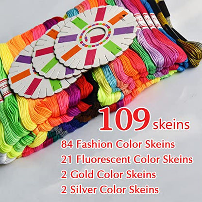 Embroidery Floss Rainbow Color 109 Skeins Per Pack Cross Stitch Threads Friendship Bracelets Floss Crafts Floss with 3 Weaved Plate（105 pcs Embroidery Floss +4 Metallic Embroidery Thread (2743.75 Foot)
