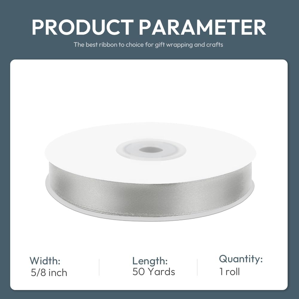 KMER LIFE 5/8" Wide x 50 Yards Silvery Single Faced Polyester Satin Ribbon, Silvery Satin Ribbon Perfect for Wedding Decor, Wreath, Crafts, Gift Wrapping & Other Projects (Silvery) - Crafty Corner
