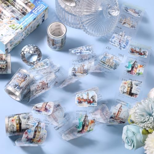 6 Rolls PET Tapes Set Pre Cut Tape Stickers City Stickers journaling Tape Transparent Sticker Books for Scrapbooking Scrapbook Tape Decorative (6 Count)
