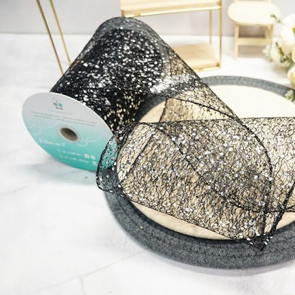 Sparkling Glitter Mesh Wired Ribbon 6" x 10 Yards Black for Christmas Home Decor Bow Gift Wrapping DIY Crafts Wreath (30 Foot)