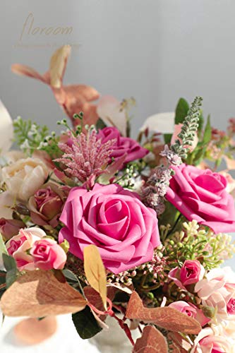 Artificial Flowers 50pcs Real Looking Hot Pink Foam Fake Roses with Stems for DIY Wedding Bouquets Baby Shower Centerpieces Floral Arrangements Party Tables Home Decorations (50 Count)