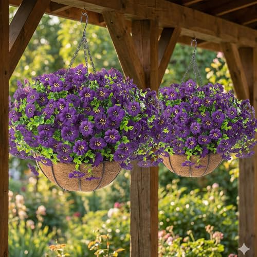 2 Set Artificial Outdoor Flowers with Hanging Basket (2 Count)