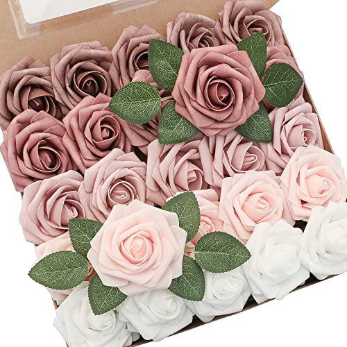 Artificial Flowers 25pcs Real Looking Dusty Rose Ombre Colors Foam Fake Roses with Stems for DIY Wedding Bouquets Bridal Shower Centerpieces Floral Arrangements Party Tables Home Decorations (25 Count)