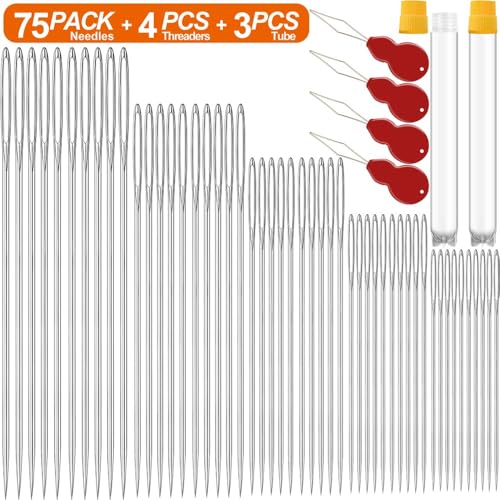 75 Pack Premium Large Eye Needles for Hand Sewing with 4 Needle Threaders (75 Count)
