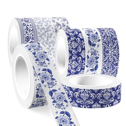 12 Pcs blue and white porcelain Washi Tape Maple Leaf Print Masking Tape Pumpkin Pattern Decorative Paper Sticker for Fall Party Holiday Scrapbook DIY Craft Gift Wrapping Handbook Sticker (12 Count)