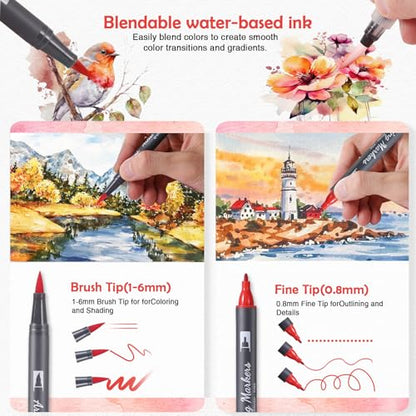 24 Colors Blendable Watercolor Markers for Adults 2026 Professional Double Tip Paint Pens with 1 Water Brush Pen Water Based Coloring Pens Drawing Markers Set with Flexible Brush Tip (24 Count)