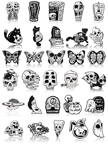 30 Pieces Goth Enamel Pins Set Horror Enamel Pins for Backpacks Cool Skeleton Ghost Butterfly Cat Silver Lapel Pin Steampunk Brooches Pin for Hats Clothes Women Men