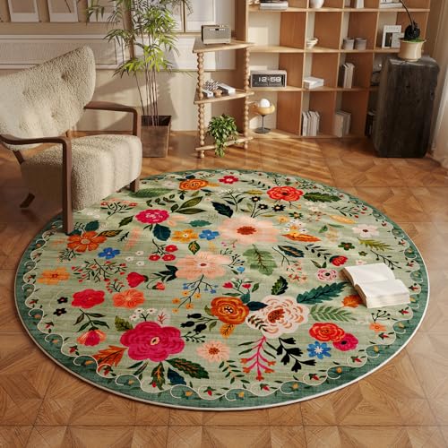 Round Rug 4ft Washable Circle Rug Non Slip Low Pile Boho Floral Small Circular Rug for Bedroom