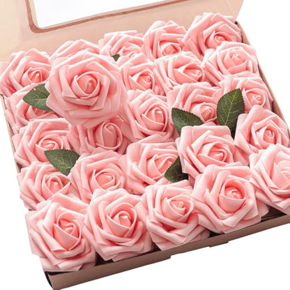 Artificial Flowers 50pcs Real Looking Peach Pink Foam Fake Roses with Stems for DIY Wedding Bouquets Bridal Shower Centerpieces Floral Arrangements Party Tables Home Decorations (50 Count)