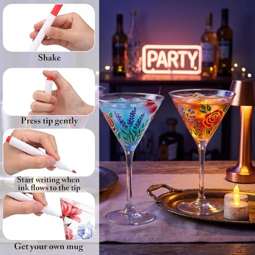 4 Sets Paint Your Own Martini Glasses DIY Kit Personalized Wine Glass Kit with 12 Colors Acrylic 12 Colors Markers Pens Design Your Own Martini Glass for Craft Decoration (4 Count)