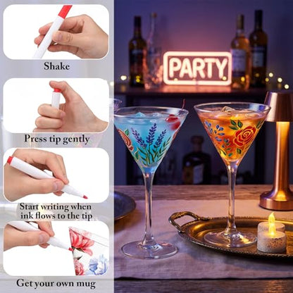4 Sets Paint Your Own Martini Glasses DIY Kit Personalized Wine Glass Kit with 12 Colors Acrylic 12 Colors Markers Pens Design Your Own Martini Glass for Craft Decoration (4 Count)