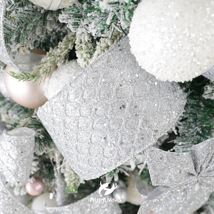 Silver Glitter Diamond Christmas Wired Ribbon 4 inch x 10 Yards (30 Foot)
