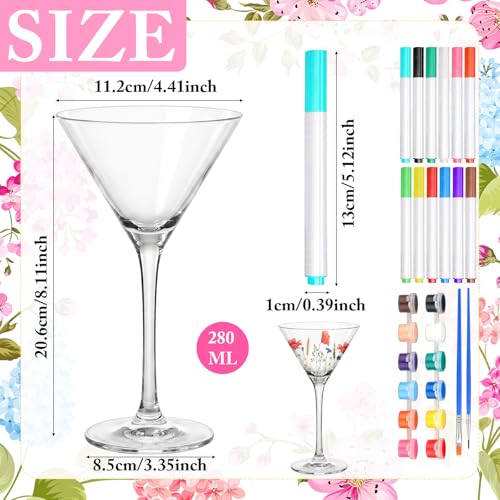 4 Sets Paint Your Own Martini Glasses DIY Kit Personalized Wine Glass Kit with 12 Colors Acrylic 12 Colors Markers Pens Design Your Own Martini Glass for Craft Decoration (4 Count)