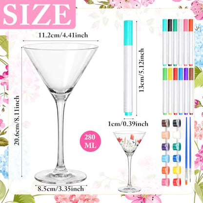 4 Sets Paint Your Own Martini Glasses DIY Kit Personalized Wine Glass Kit with 12 Colors Acrylic 12 Colors Markers Pens Design Your Own Martini Glass for Craft Decoration (4 Count)