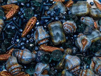 2.1oz (60 g) Mix of Unique Czech Bohemia Glass Pressed Beads, Dark Blue, Table Cut, Matte and Glossy, Faceted Fire Polish, Hand Made Set Kit BCV (2.1164 Ounce)