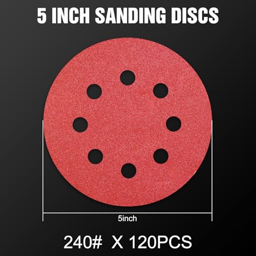 120 Pcs 5 inch Sanding Discs 240 Grit 8 Hole Hook and Loop Round Sandpaper for Random Orbital Sander (120 Count)