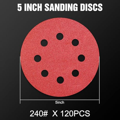120 Pcs 5 inch Sanding Discs 240 Grit 8 Hole Hook and Loop Round Sandpaper for Random Orbital Sander (120 Count)