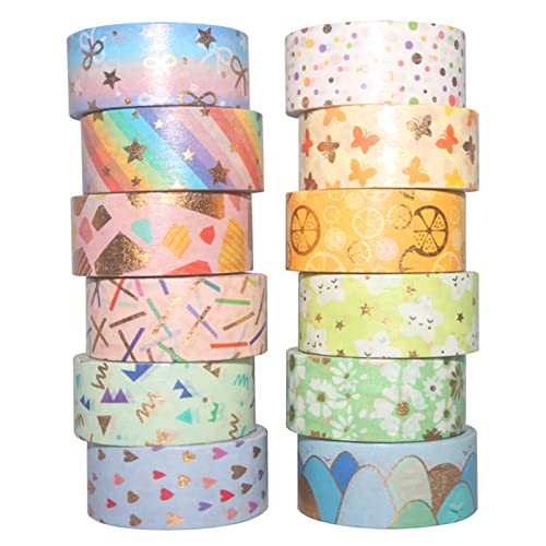 Candy Color Washi Tape Set 12 Rolls Bronzing Decorative Holiday Arts and Craft Washi Masking Tapes for Scrapbooking (12 Count)