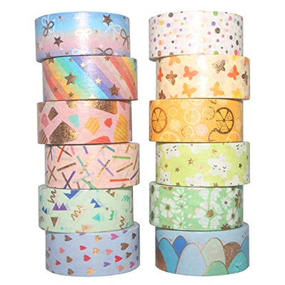 Candy Color Washi Tape Set 12 Rolls Bronzing Decorative Holiday Arts and Craft Washi Masking Tapes for Scrapbooking (12 Count)