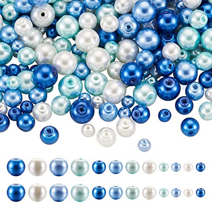 1840Pcs 4/6/8mm Glass Pearl Beads Multi Colors Round Spacer Pearlized Beads for DIY Craft Jewelry Making, Mixed Blue & White (1840 Count)