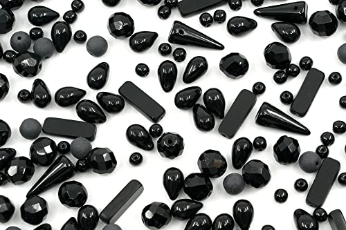 2.1oz (60g) of Glass Bead Mix with Drops, Table-Cut and fire Polish Czech Beads, Glossy & Matte Black (2.1164 Ounce)