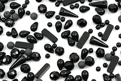 2.1oz (60g) of Glass Bead Mix with Drops, Table-Cut and fire Polish Czech Beads, Glossy & Matte Black (2.1164 Ounce)