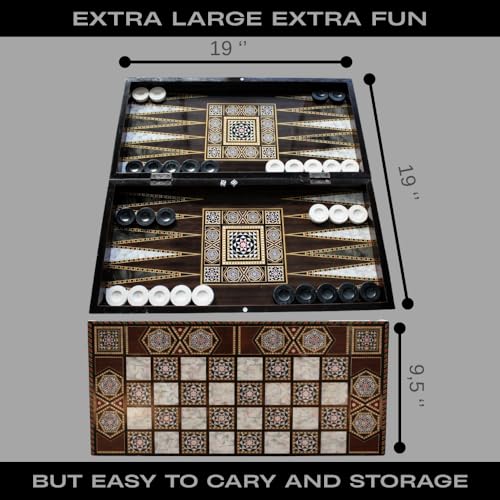 Park&Oz Pearl Premium Turkish Backgammon and Checkers Set 19 Inch Handmade 2 in 1 Wooden Board Game with Glossy Finish Luxury Checkers and Dice Travel Friendly and Foldable