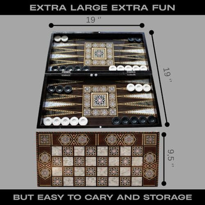 Park&Oz Pearl Premium Turkish Backgammon and Checkers Set 19 Inch Handmade 2 in 1 Wooden Board Game with Glossy Finish Luxury Checkers and Dice Travel Friendly and Foldable