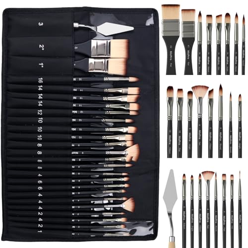 26pcs Professional Paint Brush Set with Palette Knife & Canvas Roll (26 Count)
