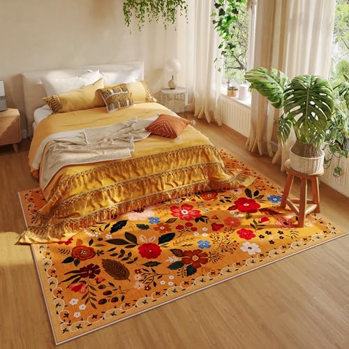 Living Room Rug 6x9 Rug Machine Washable Boho Area Rug Non Slip Floral Vintage Low Pile Large Rug for Living Room