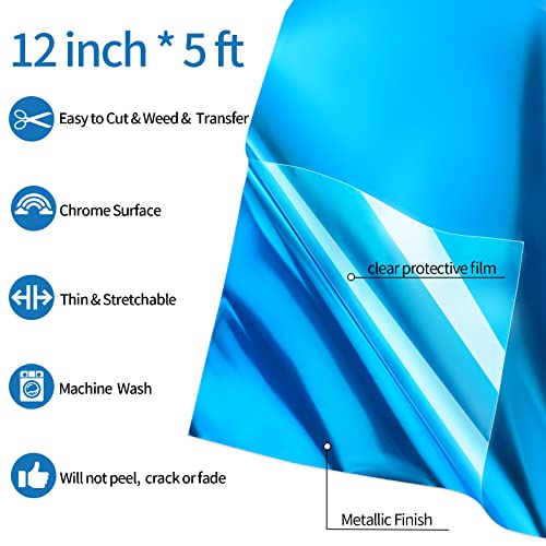 Blue Metallic Foil Heat Transfer Vinyl 12" x5ft Blue HTV Vinyl Roll Chrome Iron on Vinyl Easy to Cut & Weed DIY Heat Press Design for T (5 Foot)