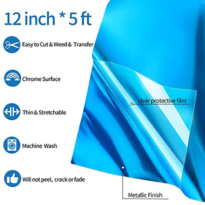 Blue Metallic Foil Heat Transfer Vinyl 12" x5ft Blue HTV Vinyl Roll Chrome Iron on Vinyl Easy to Cut & Weed DIY Heat Press Design for T (5 Foot)