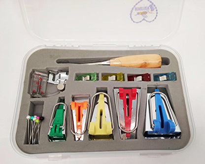 Bias Tape Maker Kits All 5 Sizes 6MM 9MM 12MM 18MM 25MM Binding Foot Craft Clips Awl Quilter's Pin (20 Count)