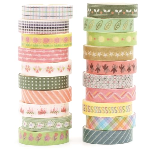 20 Rolls Basic Washi Tape Set Japanese Arts Adhesive Tapes Simple Patterns Decorative Masking Tape Sets for Craft (20 Count)