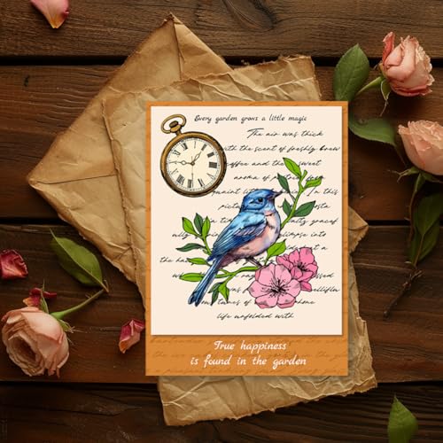 Vintage Clear Stamps for Card Making Flower and Bird Text Clear Stamps Retro Clock Clear Stamps for Scrapbooking Wish Words Rubber Transparent Seal Stamps for DIY Photo Album Crafting