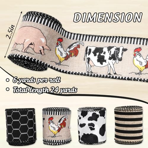 Farmhouse Animal Wired Edge Ribbons Cow Chick Pig Stripe Chicken Wire Decorative Fabric Wrapping Ribbons for DIY Crafts Wreath Bow Making Supplies (4 Count)
