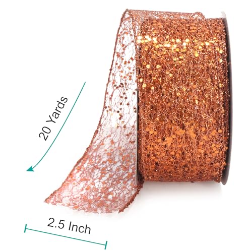 Sparkling Glitter Mesh Wired Ribbon 2.5" x 20 Yards Bronze Orange for Christmas Home Decor Bow Gift Wrapping DIY Crafts Wreath (60 Foot)