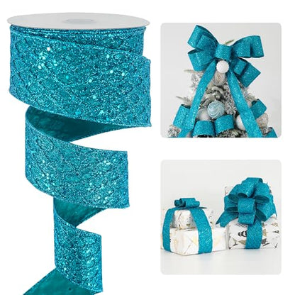 Turquoise Glitter Wired Christmas Ribbon 2.5 inch x 10 Yards (30 Foot)