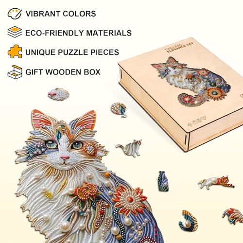 Pearl Flower Cat Puzzles Adults Gifts for Women Men Wooden 65 Pieces 8.5 x 5.8in