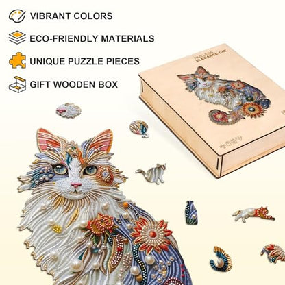 Pearl Flower Cat Puzzles Adults Gifts for Women Men Wooden 65 Pieces 8.5 x 5.8in