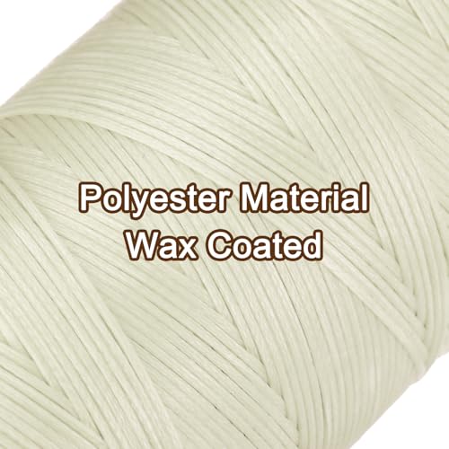 150D 0.8mm Flat Waxed Thread 284 Yards Polyester Leather Sewing Waxed String Hand Stitching Waxed Cord for Leather Stitching Sewing Bookbinding DIY Craft Creamy White