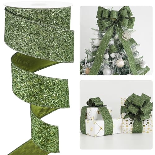Moss Green Glitter Christmas Wired Ribbon 2.5 inch x 10 Yards (30 Foot)