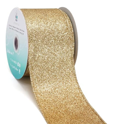 Glitter Wired Ribbon 2.5" x 10 Yards Light Gold for Christmas Home Decor Bow Gift Wrapping DIY Crafts Wreath (30 Foot)