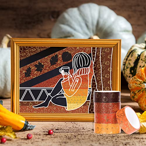12 Rolls Fall Washi Tapes Foil Gold Decorative Tape Autumn Gnome Pumpkin Fall Leaves Turkey Patterned Masking Tape for Fall Thanksgiving Scrapbook Journal DIY Craft Gift Wrapping (12 Count)