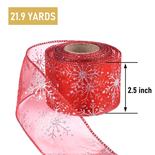 2.5 Inch Wide Christmas Wired Ribbon Snowflake Organza Sheer Glitter Ribbon for Xmas Tree (65.7 Foot)