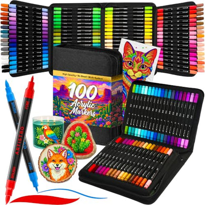 100 Dual Tip Acrylic Paint Marker Pens with Storage Bag (100 Count)
