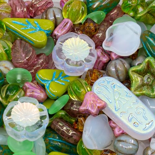 1.4oz (40g) Limited Mix of Czech Glass Beads, Hand Made Set Kit, Crystal AB Table Cut Hawaii Green Leaves Glass Beads Mix 002