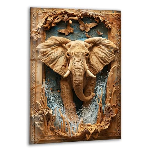 10Wx12H'' Elephant Carving Glass Wall Art Tempered Glass Printing Wall Decor Large Wall Art Wall Hangings