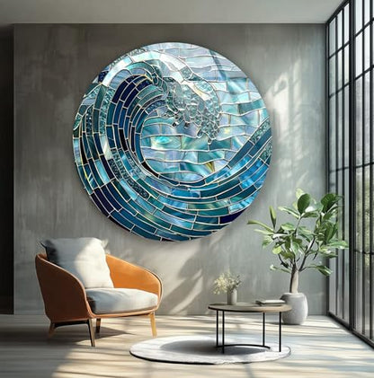 27.5''(70cm) Diameter Ocean Wave in Blue Mosaic Round Glass Wall Art Tempered Glass Printing Wall Decor Large Wall Art Wall Hangings